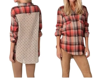 We The Free People 格子纽扣衬衫 S 红色奶油钩针花边背面 — 第 1/4 张图片