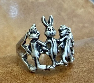 Vintage Warner Bros .925 Character Ring Daffy Bugs Sylvester Tweety Bird Sz 5.75 - Picture 1 of 16