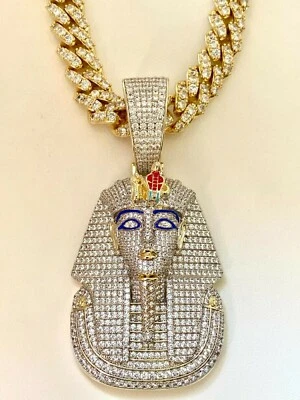 Colgante de cadena para hombre con sello de relleno de oro de 14k Iced egipcio rey tut faraón Miami Cuben Foto 1 de 4
