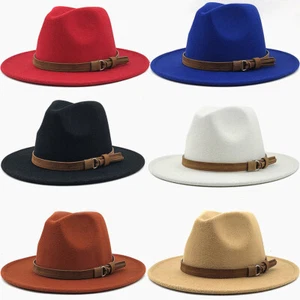 Wide Brim Fedora Hats for Women Classic Winter Adjustable Felt Belt Panama Cap - Picture 1 of 7