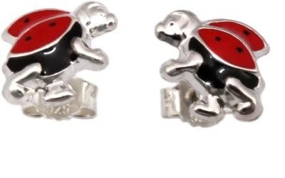 Orecchini Coccinella Argento 925 per Bambino Chiusura a Farfalla Spina Scarabeo - Immagine 1 di 3