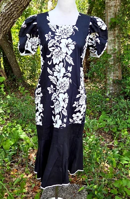 Vestido De Colección Lucky You Hawaii Negro Blanco Algodón Aloha Manga Abullonada Muumuu Midi L? Foto 1 de 4