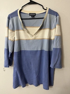 Lands End Blouse Top 1X 16W-18W 3/4 Sleeve V Neck Pullover Blue Striped Woman’s - Image 1 of 4