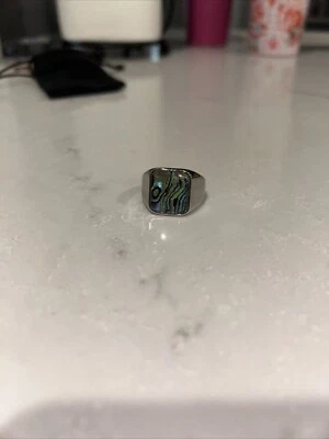 Men's Quality Stainless Steel Natural Abalone Shell Polished Signet Ring - Image 1 of 4