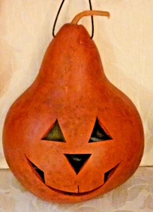 Halloween Primitive Pumpkin Gourd Face Hangar, Dark Orange - Picture 1 of 4