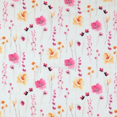 Plissee Jersey - Viskose Blumen rosa bunt auf weiß Stoff - Bild 1 von 4