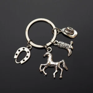 Cowboy Cowgirl Hat Boot Spur Horseshoe Horse Western Silver 4-Charms Keychain - Picture 1 of 5