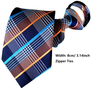 New Checks Blue Orange 100% Silk Adjustable Zipper Pre-tied Men's Necktie Tie - Picture 1 of 2