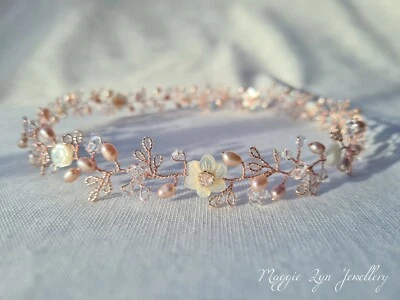 Dainty Bridal halo, Thin wedding flower crown hair accessories blush pink pearls - Image 1 of 4