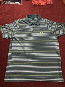 OAKLEY  Polo Shirt  Turkish Green And White Strips Size L Back Collar Embroidery - Picture 1 of 9