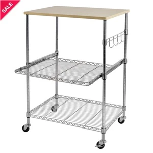 3-Tier Wire Rolling Kitchen Cart Microwave Cart W/ Oak Wood Tabletop and Drawer - Picture 1 of 5