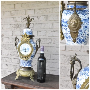 Antique blue white delft pottery clock Lion dragon handle - Picture 1 of 11