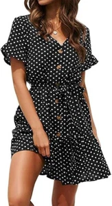 Women's Polka Dot Button Down Chiffon Dress Short Sleeve Ruffle Mini Dresses UK - Picture 1 of 15