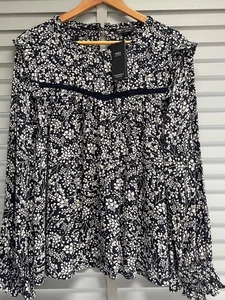 M&S Collection Marine Boho Bluse UK 22 Damen Häkel Rüschen Biesen Blätter Print - Bild 1 von 12