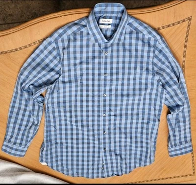Calvin Klein Men's Slim Fit Performance Dress Shirt 16.5 32/33 Blue Plaid 16 12 - Image 1 of 4