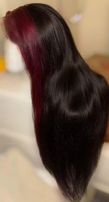 Hermosa y única, negra con secciones granates, 28 pulgadas, cabello 100 % humano, peluca recta Foto 1 de 4