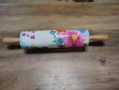 PIONEER WOMAN CERAMIC ROLLING PIN BREEZY BLOSSOMS WOODEN HANDLES FLORAL RETIRED - Image 1 of 4
