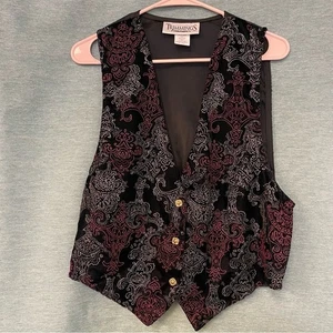 Trimmings Vintage Black burgundy Vest woman's medium 80's gold buttons - Picture 1 of 13