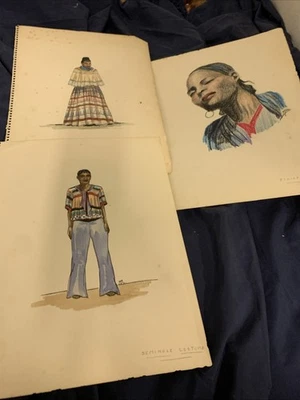 3 dibujos originales firmados por el artista disfraz de Seminole niña etíope Foto 1 de 4