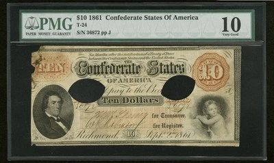 T-24 $10 1861 Estados Confederados Guerra Civil Billete Moneda Obsoleto, PMG VG10 Foto 1 de 4