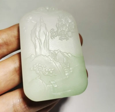 Real Natural Chino Blanco Hetian Jade Dragón Colgante Hotan Nefrita Paisaje Foto 1 de 4