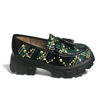 Mocasines Betsey Johnson verde a cuadros tachonados suela gruesa talla 6M fiesta navideña Foto 1 de 4