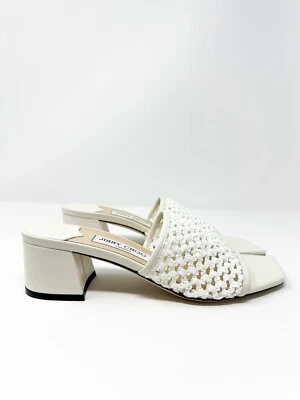 Sandalias para mujer Jimmy Choo Themis tejidas tacón bloque deslizables Latte 7,5 / 37,5 $725 Foto 1 de 4