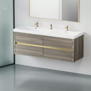 60" Floating Wall-Mounted Bathroom Vanity W/ 4 Drawers Double Stone Resin Sinks - Picture 1 of 9