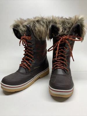 Botas de invierno de piel sintética de pato para mujer talla 8 marrón y rojo Foto 1 de 4