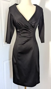 Kay Unger Black Satin Shawl V Neck Ruched 3/4 Sleeve Cocktail Dress 2 - Bild 1 von 19