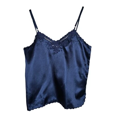 Vintage 90s L Silk Camisole Tank Top Blue Whimsigoth Embroidered Floral Satin - Image 1 of 4