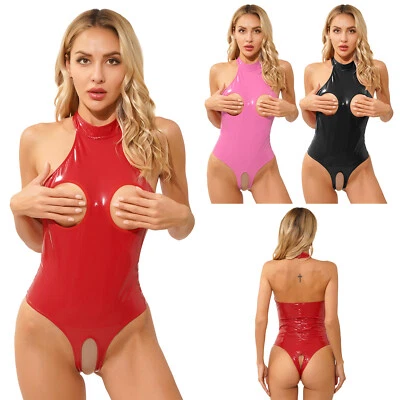 Frauen Bodysuit Wetlook Trikots Strings Jumpsuit Schrittlos Nachtwäsche Leder - Bild 1 von 4