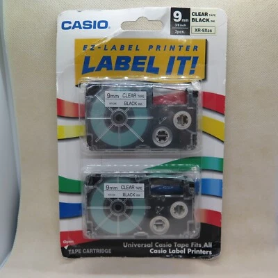 *NEW Sealed* 2pk Casio EZ Label Printer Clear Tape Black Ink 9 mm 3/8" XR-9X 2s - Image 1 of 2