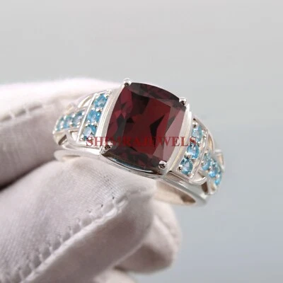 Granate natural y topacio azul con anillo de plata enchapado en oro blanco de 14K para hombre #111 Foto 1 de 4