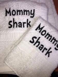 Embroidered White Bathroom Hand Towel and Cloth Set  BLK Letters   Mommy Shark 