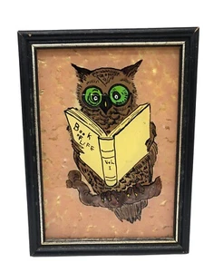 Libro della vita vintage gufo arte anni 60 70 lettura libri kitschy MCM decorazione 6x8" incorniciato - Foto 1 di 9