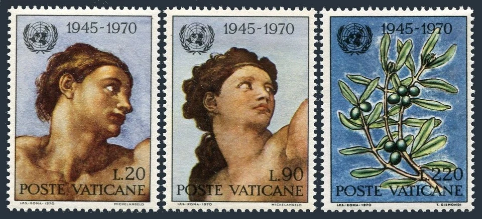 Vaticano 492-494, MNH. Mi 569-571. UN-25. Adán, Eva de Miguel Ángel, rama de olivo. Foto 1 de 1