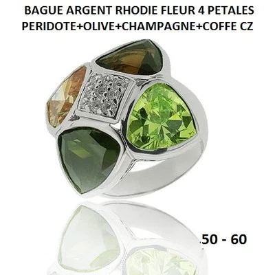 BAGUE RHODIE FLEUR 4 PETALES OXYDE PERIDOTE OLIVE CHAMPAGNE en Argent Massif 925 - Photo 1/3
