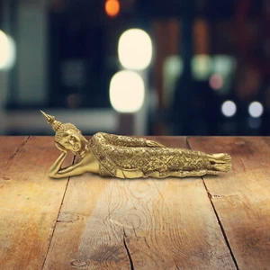 14"W Gold Reclining Thai Buddha Figurine Ornament Home Decor Unique Gift - Picture 1 of 1