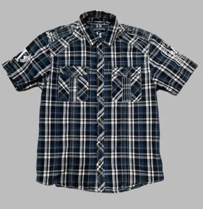Affliction Shirt Mens XL Blue Plaid Button Up Short Sleeve Embroidered Buckle - Picture 1 of 10
