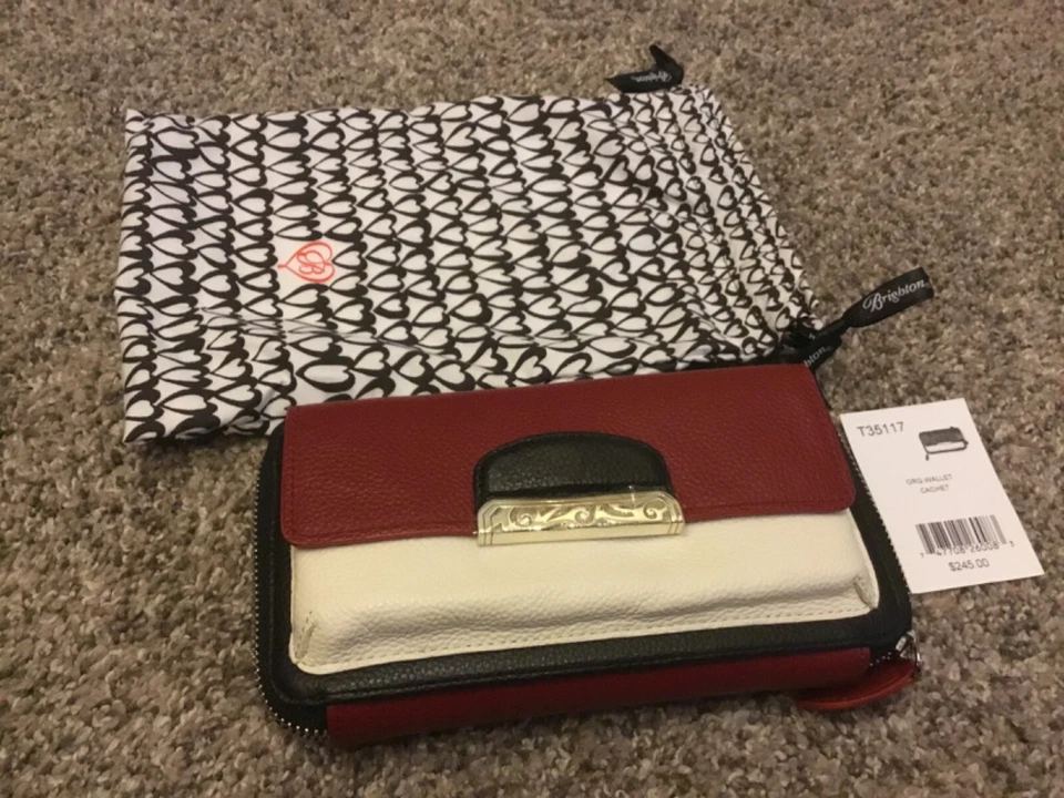 BRIGHTON CACHET Leather Organizer Large Wallet Crossbody Red White Black