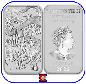 2022 Australia Perth Mint 1 oz Silver Dragon Bar Rectangular Coin in capsule