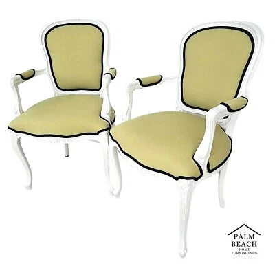 (2) Vintage French Provincial Louis XV Pearled White Carved Wood Armchairs - Image 1 of 4