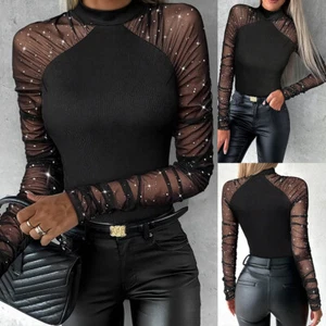 Plus Size Women Sexy Sequin Mesh Sheer Tops T-Shirt EVening Club Party Blouse - Picture 1 of 14