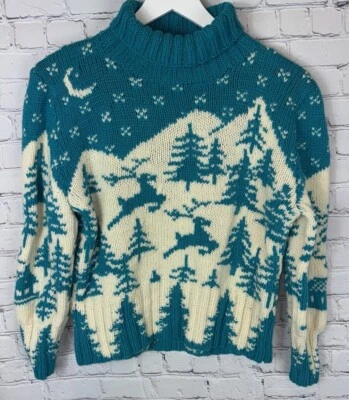 Suéter Vintage Tejido a Mano Turquesa Invierno Vacaciones Escena de Esquí Cuello Alto Talla S/M? Foto 1 de 4