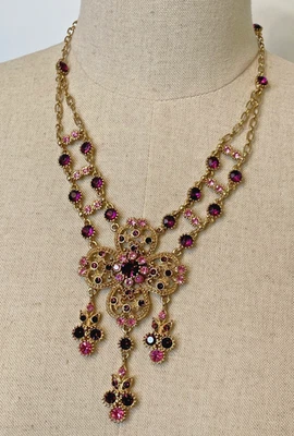 Collar gargantilla llamativa tono oro y diamantes de imitación rosa y púrpura - G158 Foto 1 de 4