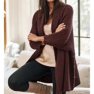Garnet Hill L Button-Detail Oversized Cashmere Coatigan Gr. L weinrot - Bild 1 von 8