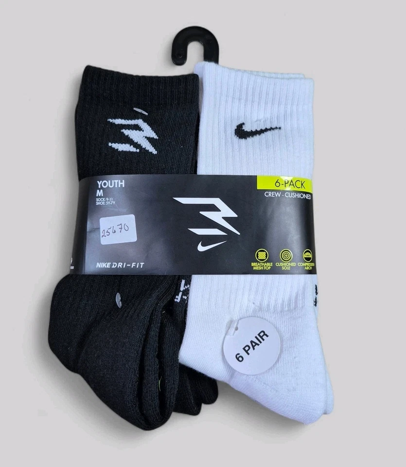 NIKE 3 Brand Boys Socks 1/4 Crew Cushioned Breathable 6 Pair Shoe Size 3Y-5Y