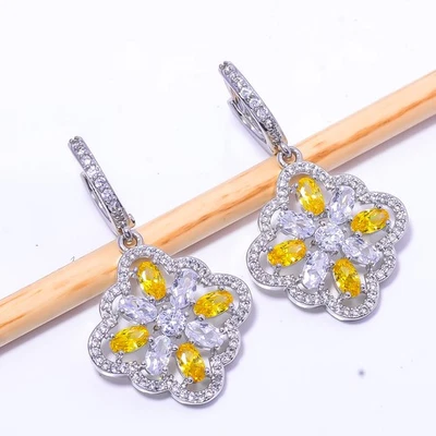 Yellow Sapphire - Simulated & CZ Gemstone 925 Sterling Silver Earring 1.40" E10 - Image 1 of 4