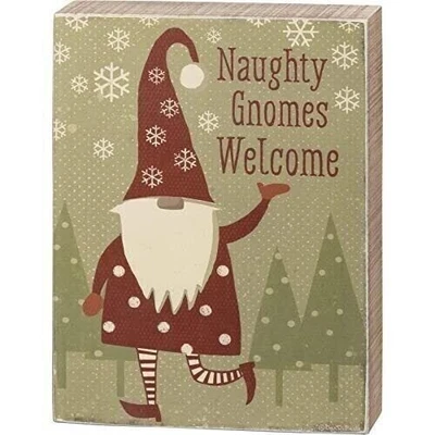 Naughty Gnomes Welcome Wooden Box Sign Christmas Decor 8" X 6" - Image 1 of 4